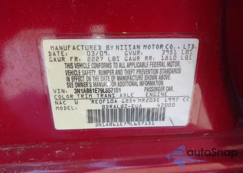 2009 Nissan Sentra 2.0 from USA, damaged, VIN 3N1AB61E79L657151